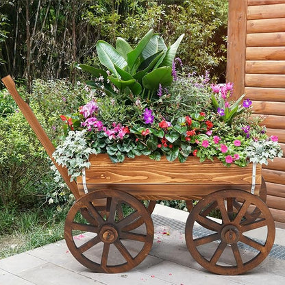 Beeveer Wooden Wagon Flower Planter Cart Garden Planter Box with Wagon Wheels Cart for Home Garden Outdoor Balcony Decorative, Patio Flowers Herbs Vegetables, Brown 29.5 x 17(Elegant)
