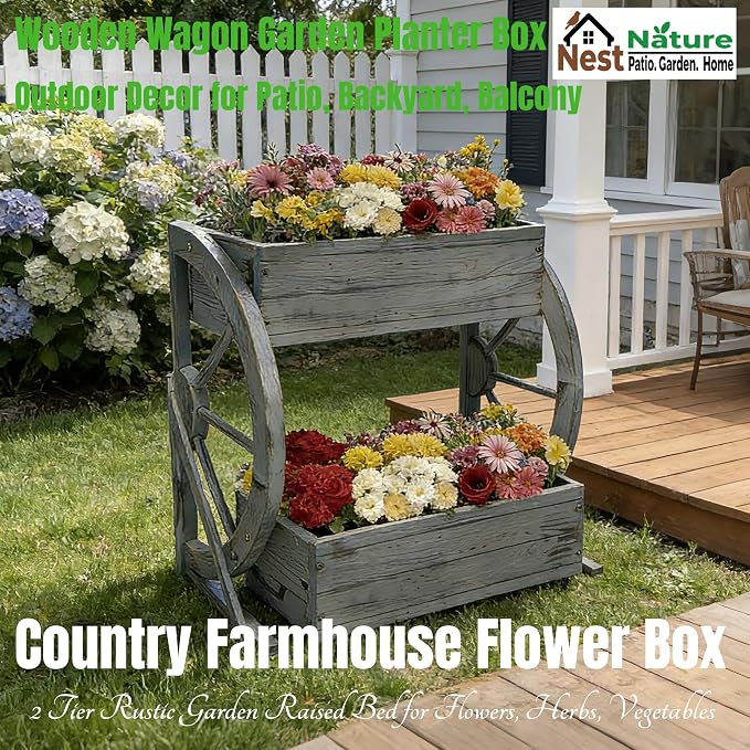 NestNature Wooden Wagon Planter Box|Rustic Planter Use On Indoor&Outdoor | 2-Tier Medium Solid Wood Planter-Flower Pot Use On Patio,Porch,Garden-Raised Garden Bed For Succulents, Herbs, Vegetables