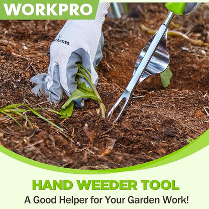WORKPRO Weed Puller Tool, Metal Leverage Base and V-Shaped Forks | Heavy Duty Stainless Steel with Soft Handle for Easy Weed Removal and Deeper Root Digging, Manual Hand Weeder for Gardening