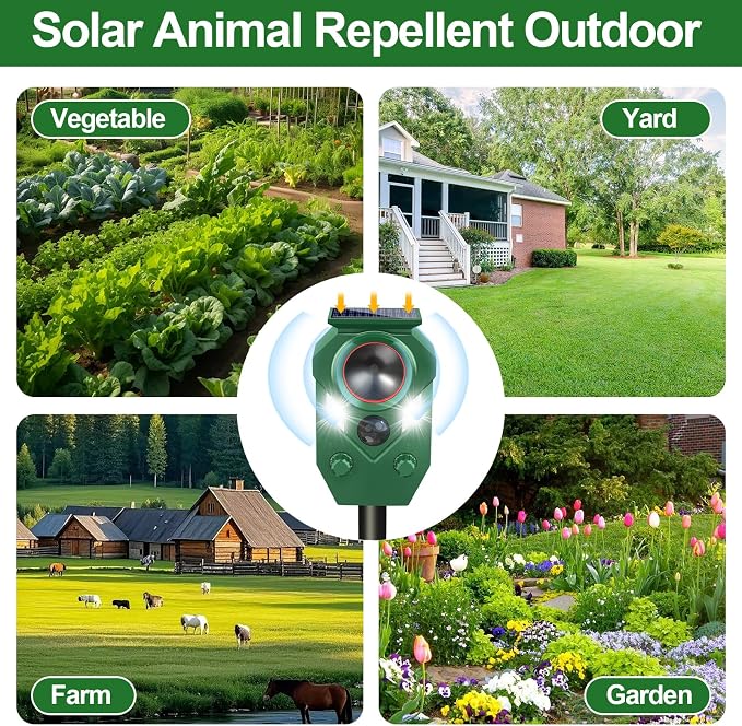 Ultrasonic Animal Repeller Outdoor,Cat Repellent & Deterrent with PIR Sensor & Flashing Light,Solar Powered Deer Repellent Device for Squirrels,Raccoons,Skunks,Rabbits,and Dog,IP65 Waterproof - 1 Pack