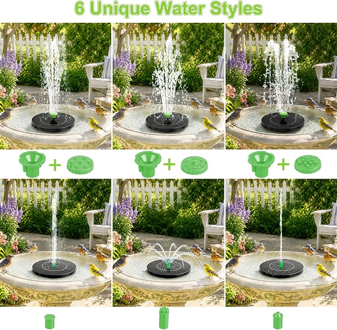 3.5W Solar Fountain Pump, Solar Bird Bath Fountain with 6 Green & 6 Black Nozzles, Solar Water Pump for Outdoor Garden Patio Small Pond Fish Tank Landscape Decoration