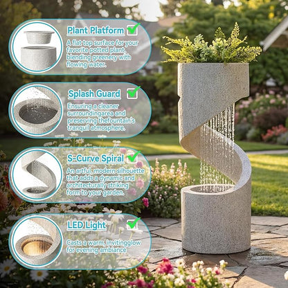 Glitzhome Outdoor Water Fountain with LED Light, Decorative Tiered Curved Waterfall Fountain with Stone Planter, Faux Terrazzo Spiral Shaped Outdoor Fountains for Garden Deck Patio Porch, 31.25”H