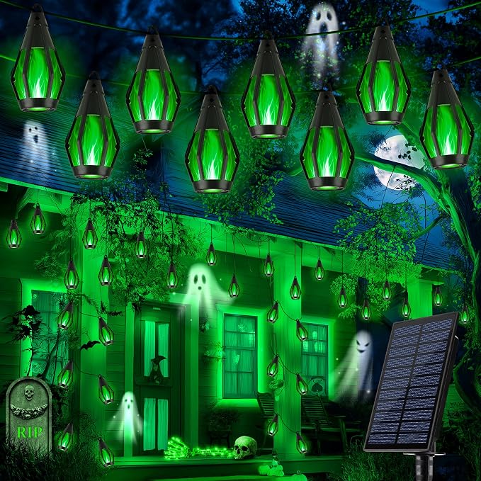 iBaycon 27Ft 10 LED Solar Flame Halloween String Lights, Green | Ultra-Real Flickering Flame Lamp Outdoor Waterproof, Solar Patio String Lights for Garden Yard Lawn Halloween Decorations