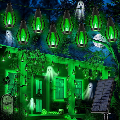 iBaycon 27Ft 10 LED Solar Flame Halloween String Lights, Green | Ultra-Real Flickering Flame Lamp Outdoor Waterproof, Solar Patio String Lights for Garden Yard Lawn Halloween Decorations