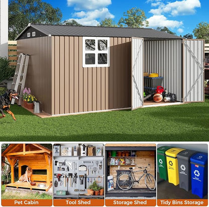 IRONCK 10x12 FT Storage Shed with Clear Window, Outdoor Tool Shed with Lockable Doors and Breathable Ventilation, Metal Garden Storage with 9.8x11.5 FT Base for Generators/Bikes/Wheelbarrows, Brown