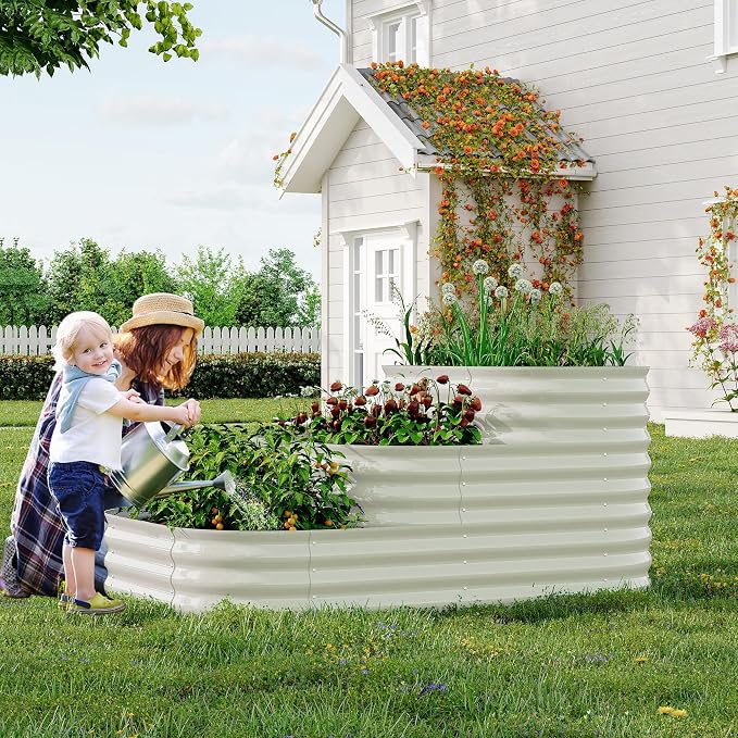 IDEALHOUSE 3-Tier Galvanized Raised Garden Bed 60.6x42.1x30.7 Inch, Exclusive Layered Planting Design for Shallow & Deep Root Plants, Eliminates Root Competition, Maximize Vertical Space, White