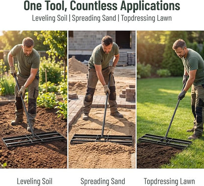 Lawn Leveling Rake - 30x10 Leveling Rake for Soil, Heavy Duty Yard Leveling Rake with 6.5FT Extra Long Handle, 2mm Thickened Stainless Steel Lawn Leveler, Landscape Tool for Dirt and Sand, with Gloves