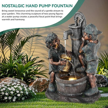 26" Boy and Girl Outdoor Fountain LED 3-Tier Cascading Waterfall | bronze finish, children drawing water scene, patio garden Porch