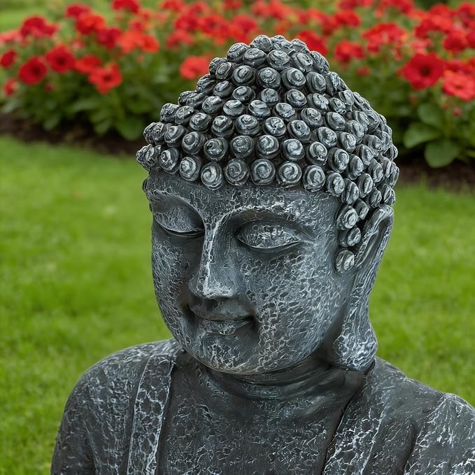 28'' Zen Buddha Water Fountain with LED Light and Pump, 2 Tier Polyresin Meditating Buddha Outdoor Fountain, Lighted Waterfall Statue for Garden Patio Backyard Indoor Decor