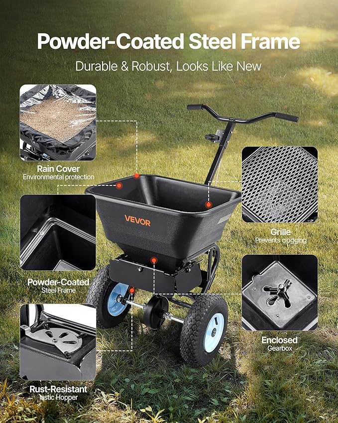 VEVOR Broadcast Spreader, 100LBS Capacity, Walk-Behind Push Spreader, 0-9.8ft Spreading Width, 13 in All Terrain Pneumatic Tires, Fertilizer Spreaders with Hopper Grate, for Seed Salt Ice Melt
