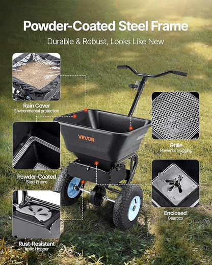 VEVOR Broadcast Spreader, 100LBS Capacity, Walk-Behind Push Spreader, 0-9.8ft Spreading Width, 13 in All Terrain Pneumatic Tires, Fertilizer Spreaders with Hopper Grate, for Seed Salt Ice Melt
