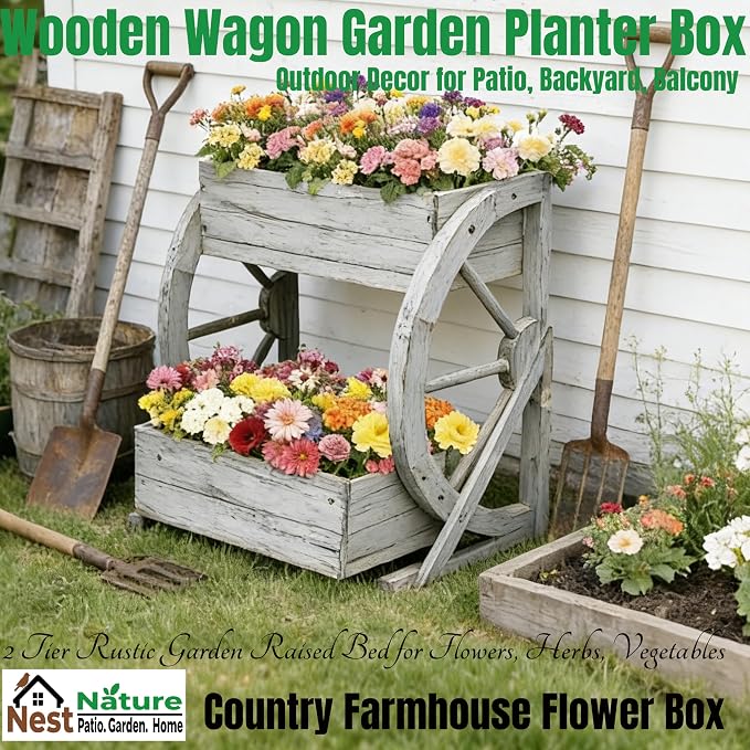NestNature Wooden Wagon Planter Box|Rustic Planter Use On Indoor&Outdoor | 2-Tier Medium Solid Wood Planter-Flower Pot Use On Patio,Porch,Garden-Raised Garden Bed For Succulents, Herbs, Vegetables