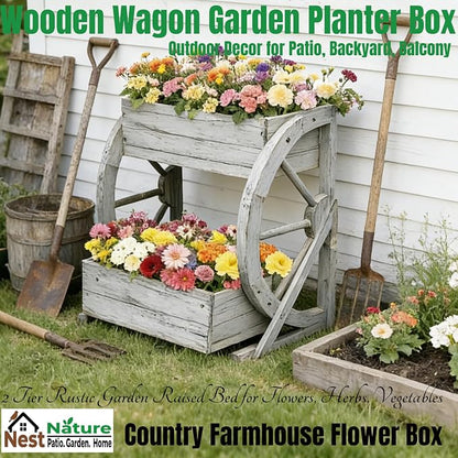 NestNature Wooden Wagon Planter Box|Rustic Planter Use On Indoor&Outdoor | 2-Tier Medium Solid Wood Planter-Flower Pot Use On Patio,Porch,Garden-Raised Garden Bed For Succulents, Herbs, Vegetables