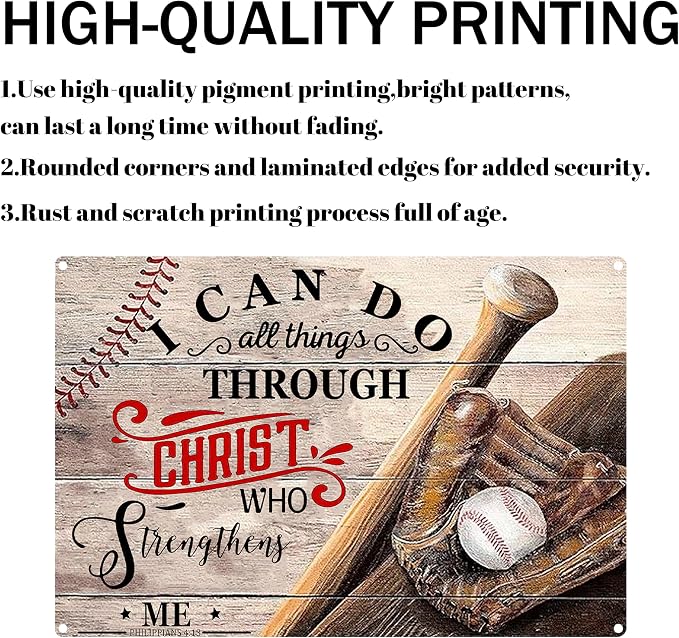 Funny Baseball Metal Poster for Boys Bedroom-I Can Do All Things Through Christ Who Strengthens Me Baseball Signs,Baseball Room Decor,Baseball Tin Sign Gifts Baseball Wall Art Decorations 8x12 Inch