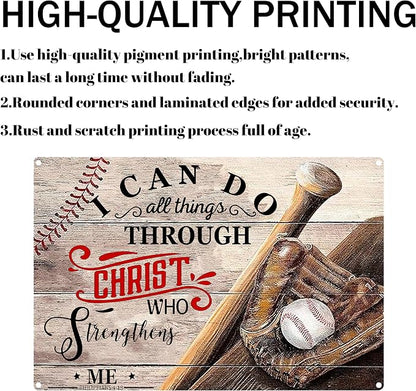 Funny Baseball Metal Poster for Boys Bedroom-I Can Do All Things Through Christ Who Strengthens Me Baseball Signs,Baseball Room Decor,Baseball Tin Sign Gifts Baseball Wall Art Decorations 8x12 Inch