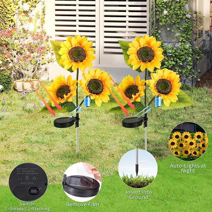 6-Pack Solar Sunflower Garden Lights Outdoor 18 LED Flowers - Waterproof Long-Lasting Solar Patio Lights, Outdoor Decor for Lawn, Yard