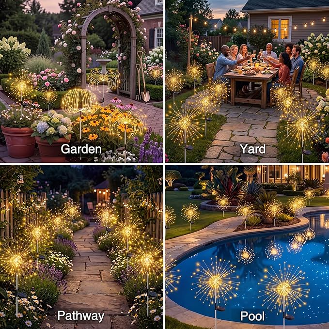 btfarm 3 Pack 120 LED Solar Garden Lights Outdoor, 8 Modes Firework Lights Solar Powered, Waterproof Twinkle Fairy Light Outside for Yard Patio Pathway Pool Christmas Party Decorative, Warm White