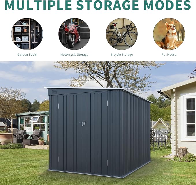 PVWIIK 6x8 FT Metal Motorcycle Outdoor Storage Shed, Heavy Duty Waterproof Steel Garden Tool Shed with Lockable Doors, Free PC Light Board for Tools, Bikes & Patio, Carbon Black