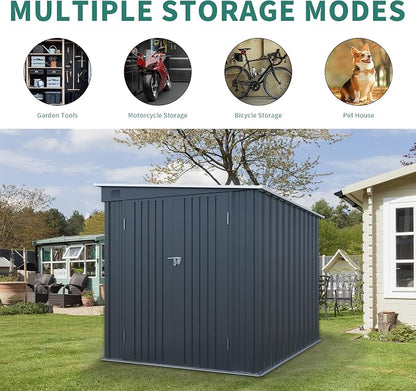 PVWIIK 6x8 FT Metal Motorcycle Outdoor Storage Shed, Heavy Duty Waterproof Steel Garden Tool Shed with Lockable Doors, Free PC Light Board for Tools, Bikes & Patio, Carbon Black