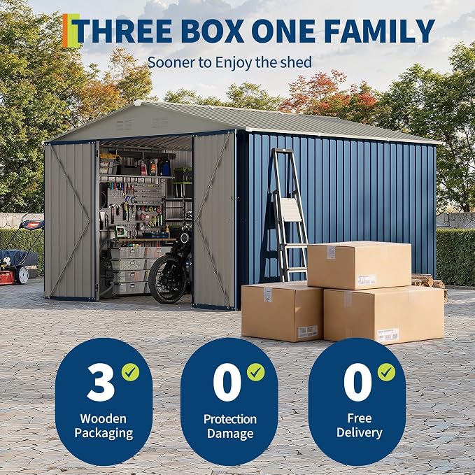 Garvee 10x10 FT Metal Storage Shed – Lockable Doors, Floor Frame, Blue | Spacious 10x10 interior – stores bikes, tools, and more.