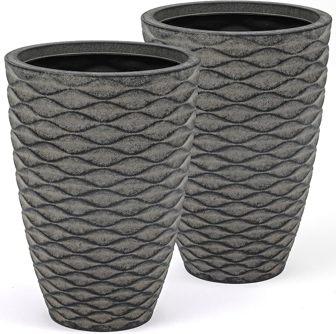 Autodaya 20" Tall Wave-Textured Resin Planters Set of 2 with Drainage Holes | High-Density Weather-Resistant Resin Pots for Indoor and Outdoor Plants, Patio, Garden, Porch, Living Room, Ideal for Gifting