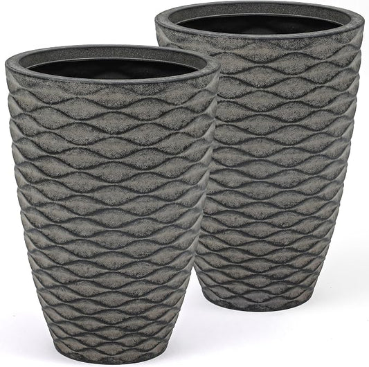 Autodaya 20" Tall Wave-Textured Resin Planters Set of 2 with Drainage Holes | High-Density Weather-Resistant Resin Pots for Indoor and Outdoor Plants, Patio, Garden, Porch, Living Room, Ideal for Gifting
