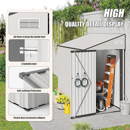 YOPTO 4×8 FT Outdoor Metal Storage Shed,Heavy-Duty Lean to Storage Shed with Lockable Single Side Hinge Door,Waterproof Metal Storage Tool House W/Sloping Roof,Air Vent&Protect Film,for Backyard,White