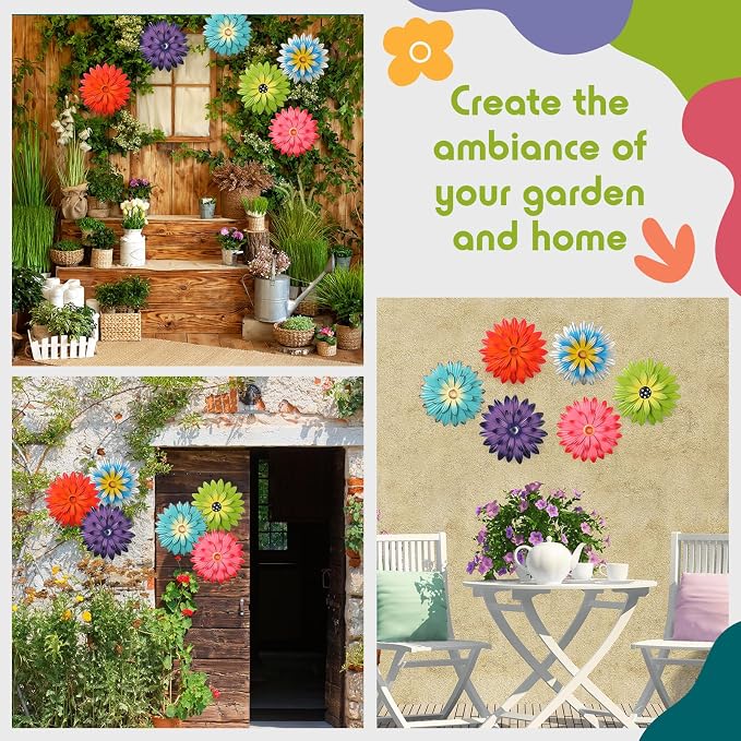 Zhehao 6 Pcs Metal Flower Wall Art Decor 8 Inch Sunflower Wall Decorations Hanging Outdoor Art Multicolored Handmade Metal Flowers Outdoor Decor(Vivid Color)