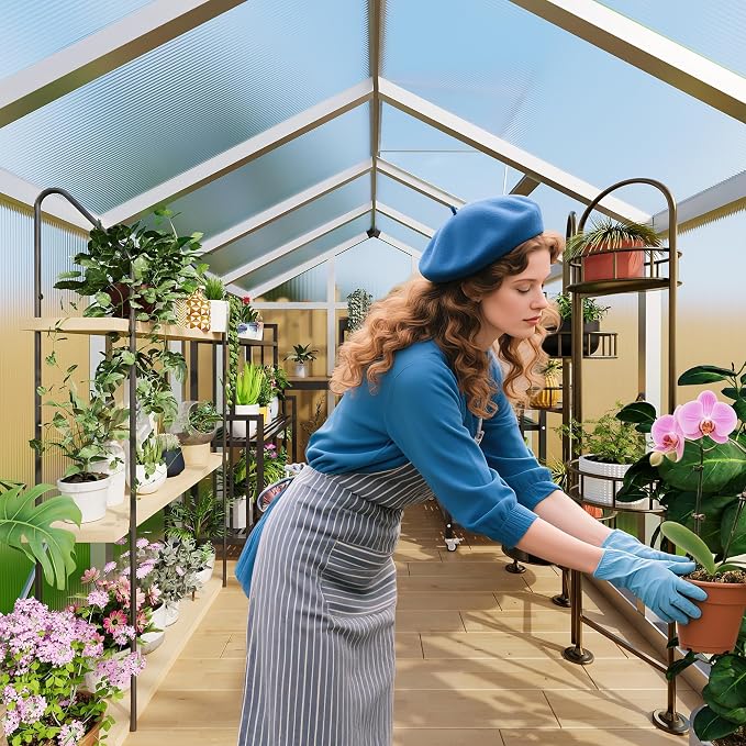 8x12 FT Greenhouse for Outdoors, Polycarbonate Greenhouse with Roof Vent, Ground Nails, Lockable Push Door, Aluminum Large Walk-in Green House for Outside Garden Backyard, Patio, Lawn, Silver
