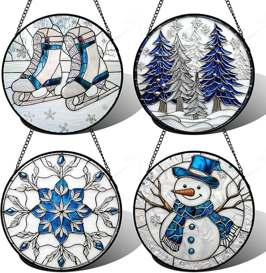 DASTOLL Stained Glass Window Hanging 4 Pcs Set White Winter Christmas Snow Scene Large 15" - Suncatcher Door Garden Sun Catcher Decor Birthday for Mom Woman Nana Men Friend Wife