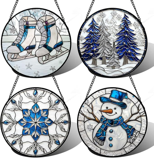 DASTOLL Stained Glass Window Hanging 4 Pcs Set White Winter Christmas Snow Scene 7.8" - Suncatcher Door Garden Sun Catcher Decor Birthday for Mom Woman Nana Men Friend Wife