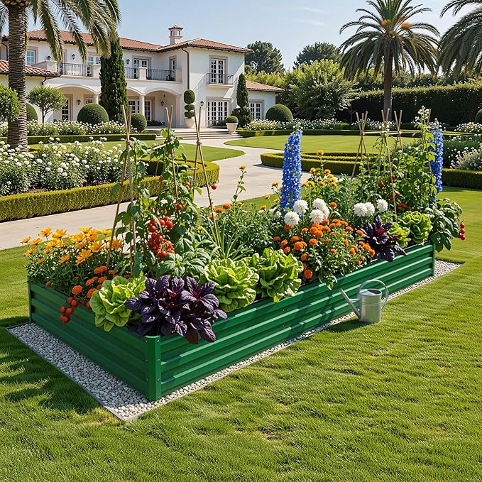 YITAHOME 2pcs 8x4x1ft Galvanized Raised Garden Bed, Metal Planter Box with Safety Rubber, Gloves, Outdoor Flower Bed for Planting Plants Vegetables, Green