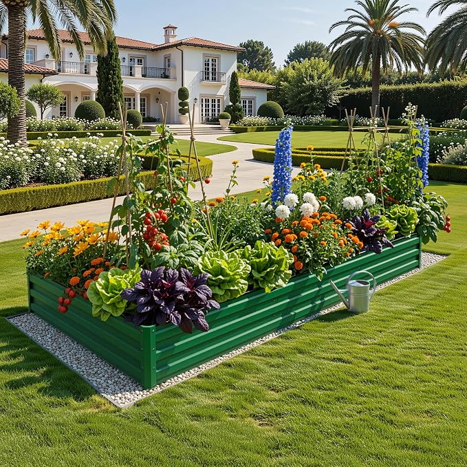 YITAHOME 4pcs 8x4x1ft Galvanized Raised Garden Bed, Metal Planter Box with Safety Rubber, Gloves, Outdoor Flower Bed for Planting Plants Vegetables, Green