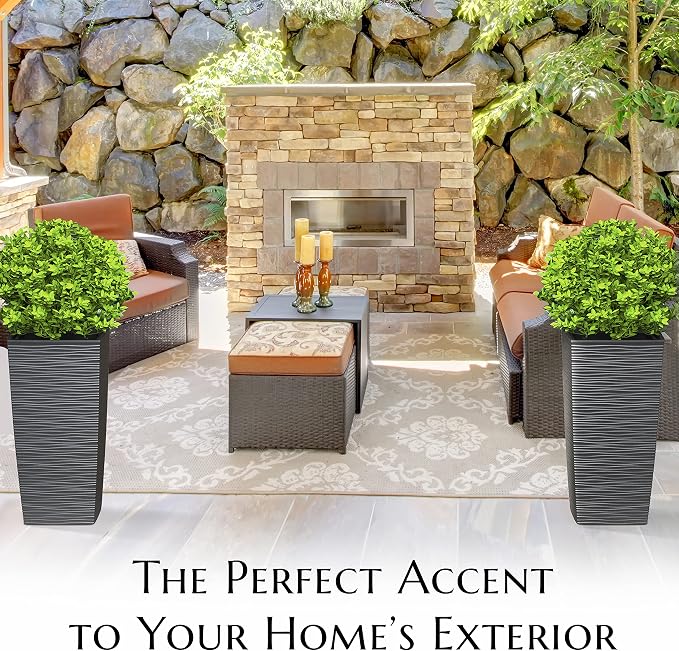 Mueller M-Resin Heavy Duty Tall Planters for Outdoor Plants, Indoor Grande Plant Pots, Boxes, Trees, Flower Pots, 2-Piece Set, 24”, Modern Design, Built-in Drainage, Front Porch Decor, Dark Gray