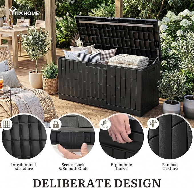 YITAHOME 120 Gallon Large Deck Box | 53"L x 22.7"W x 25.5"H Resin Outdoor Storage Box with Slide-Locking Lid for Patio Cushions, Garden Tools, Pool Supplies, Easy