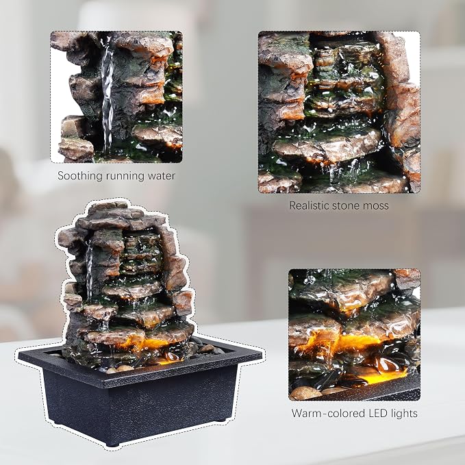 GOSSI Meditation Waterfall Fountain with LED Lights, Indoor Tabletop Water Fountain Decorated with Natural River Rocks, Office & Home Relaxation Decor, Christmas Decoration