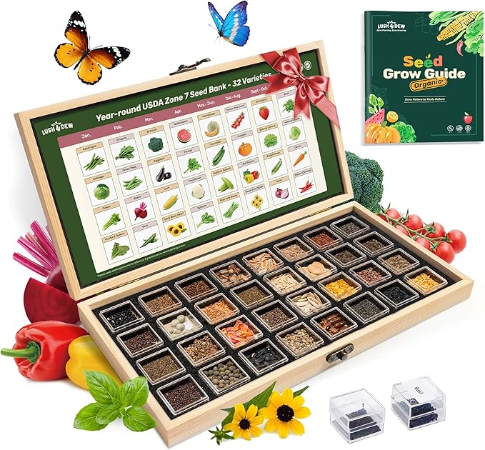 Year-Round Zone 7 Seed Bank, Gift for Mom Dad, 32 Varieties Heirloom Seeds | 30,000+ Non-GMO Vegetable Herb Flower Seeds, Gardening Gifts for Women Men, Survival Seed Kit, Raised Garden Beds Greenhouses