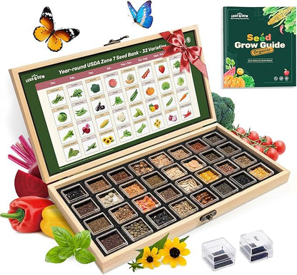 Year-Round Zone 7 Seed Bank, Gift for Mom Dad, 32 Varieties Heirloom Seeds | 30,000+ Non-GMO Vegetable Herb Flower Seeds, Gardening Gifts for Women Men, Survival Seed Kit, Raised Garden Beds Greenhouses