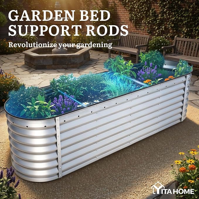 YITAHOME 8x2x2ft Galvanized Oval Raised Garden Bed, Metal Planter Box with Safety Rubber, Gloves, Outdoor Flower Bed for Planting Plants Vegetables, Silver