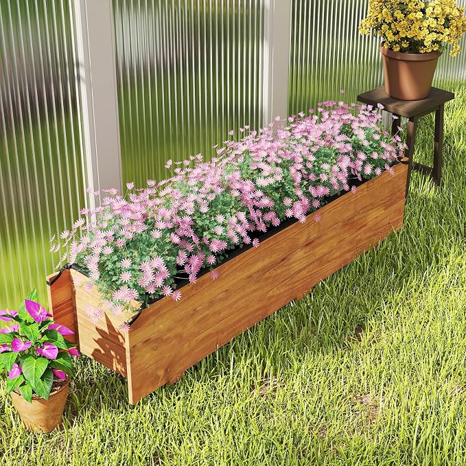 Giantex Wood Raised Garden Bed,Rectangular Planter Box w/Drainage Hole, Removable Liner for Growing Vegetable Flower Herb, Indoor Outdoor Plant Container for Backyard Deck Balcony, 44"x11"x10"