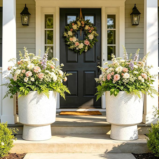 2-Pack 16.75" White Terrazzo Urn Planters with Detachable Bases | Set of 2 PP urn planters with white terrazzo finish, detachable bases, drainage plugs, and UV-treated surface for porch