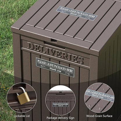 LHBGO Package Delivery Box for Outside with Sticker, 48 Gallon Storage with Lockable Secure, Large Double Wall Resin Outdoor Package Delivery Waterproof Deck