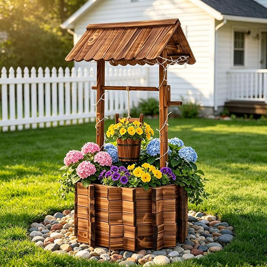 54" Outdoor Garden Wishing Well Planter with LED Lights | Rustic fir wood decor with 11 light modes, timer, adjustable bucket, drainage base, and liner for Yard, Patio, Backyard