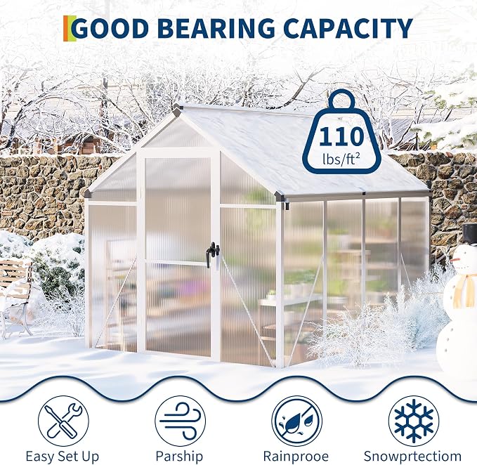 6x8 FT Greenhouse, Greenhouses for Outside, Polycarbonate Greenhouse with Aluminum Frame, Lockable Door and Ajustable Roof Vent for Backyard, Green Houses for Outside Garden Backyard, Patio