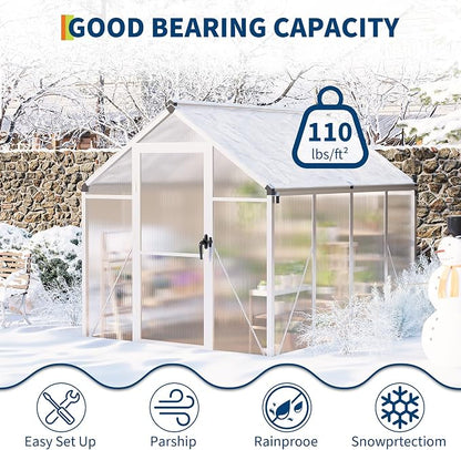 6x8 FT Greenhouse, Greenhouses for Outside, Polycarbonate Greenhouse with Aluminum Frame, Lockable Door and Ajustable Roof Vent for Backyard, Green Houses for Outside Garden Backyard, Patio