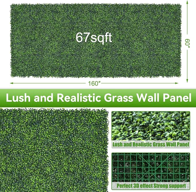 Artificial Boxwood Roll, 60x160 in (67 sqft) UV-Anti Faux Ivy Grass Wall Backdrop for Balcony Privacy, Fake Grennery Wall Decor for Garden, Patio, Backyard