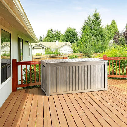 Outdoor Storage Box, 270 Gallon Waterproof Deck Box, Super-Sized Gas-Spring Resin Trunk for Large Seat Pillows, Heavy-Duty Lockable Backyard Storage Sofa, Garden Lawn, Grey