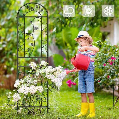 2-Pack 87" x 20" Daisy & Bird Arch Black Metal Garden Trellises | Set of 2 rust-resistant metal trellises with bird, daisy, and scrollwork details, spikes, and support for climbing plants