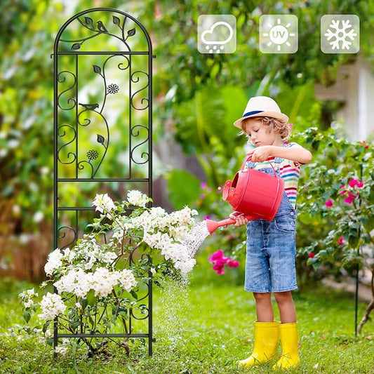 2-Pack 87" x 20" Daisy & Bird Arch Black Metal Garden Trellises | Set of 2 rust-resistant metal trellises with bird, daisy, and scrollwork details, spikes, and support for climbing plants