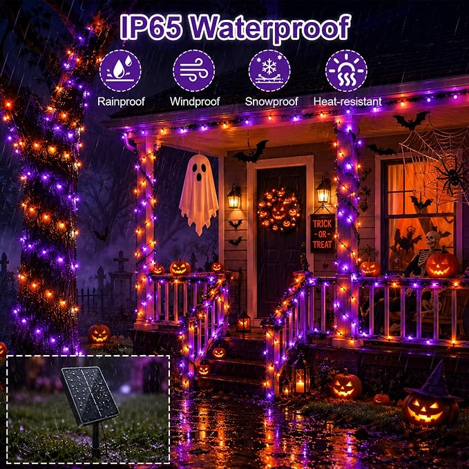 4Pack Solar Halloween String Lights Outdoor, 132ft 400LEDs Purple & Orange String Light with 11 Modes, Waterproof Patriotic Solar Lights for Garden Yard Pathway Fence Party Memorial Day